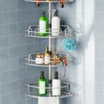 HAMITOR Shower Caddy Tension Pole: 4-Tier Corner Rustproof Bathroom Organizer - No-Drill Adjustable Shower Shelf for Renters - Floor to Ceiling Family Apartment Storage Rack - 47-121 Inch Silver Gray