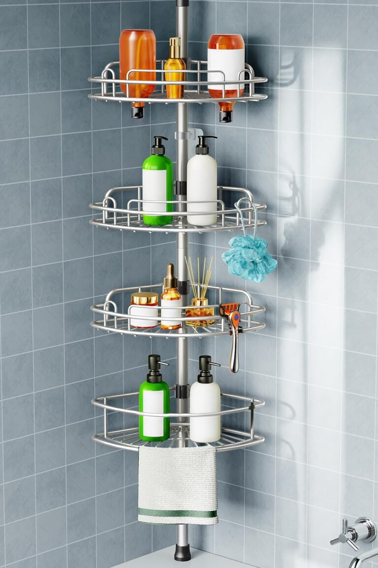 HAMITOR Shower Caddy Tension Pole: 4-Tier Corner Rustproof Bathroom Organizer - No-Drill Adjustable Shower Shelf for Renters - Floor to Ceiling Family Apartment Storage Rack - 47-121 Inch Silver Gray 1 HAMITOR Shower Caddy Tension Pole: 4-Tier Corner Rustproof Bathroom Organizer - No-Drill Adjustable Shower Shelf for Renters - Floor to Ceiling Family Apartment Storage Rack - 47-121 Inch Silver Gray